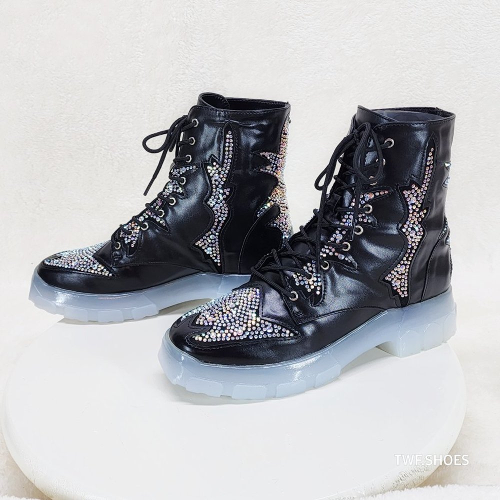 Aces Rhinestone Combat Boots Punk Goth Glam Shoes Last Ones - Picture 9 of 10